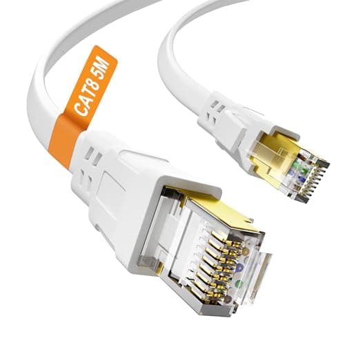 Nowunke Cable Ethernet 5m Cat 8, Blanc Cable RJ45 5m Plat Haut Débit Fibre 40Gbps 2000MHz Câble Réseau, LAN Gigabit Blindé Cable Internet pour Routeur, Modem, Switch, Xbox, PS5/4