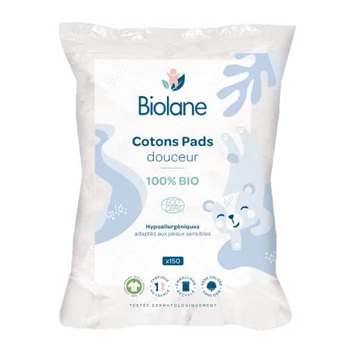 BIOLANE - Cotons pads douceur - Bébé - 100% Bio - 150 Cotons - Peaux sensibles - Change & Toilette - Dès la naissance - Fabriqués en France