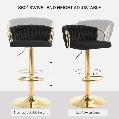 WOLTU Lot de 2 Tabouret de Bar avec Dossier Tissé et Repose-Pieds, Tabouret Pivotant à 360°, Hauteur Réglable, Base Évasée en Métal, Noir, BH426sz-2