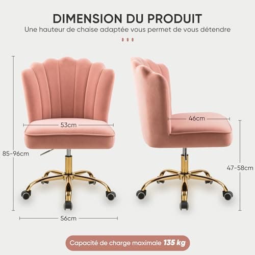 WOEOA Chaise de Bureau en Velours, Chaise Coiffeuse Coquillage, Pivotante à 360°, Hauteur Réglable, Pour Salon, Chambre à Coucher, Étude de Vanité, Charge Maximale 135 kg, Pour Filles et Femmes - Rose