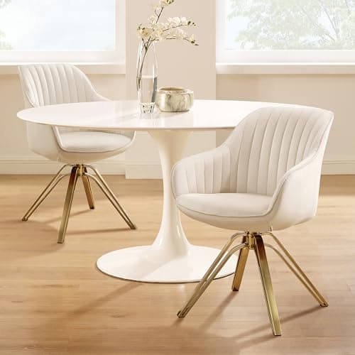 Zouron Chaise de Salle à Manger en Velours, Chaise de Bureau Pivotante avec Pieds Dorés, Fauteuil de Salon avec Accoudoirs et Siège Rembourré Épais, Beige