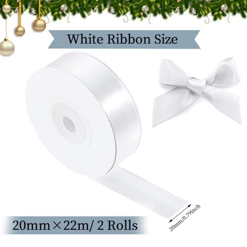 2 Rouleaux Ruban Satin Blanc, 2cm x 22m Ruban Mariage Bouquet Ruban Cadeau Ruban Couture pour Emballage Cadeau Décoration Gâteau Fête (44m en Total)