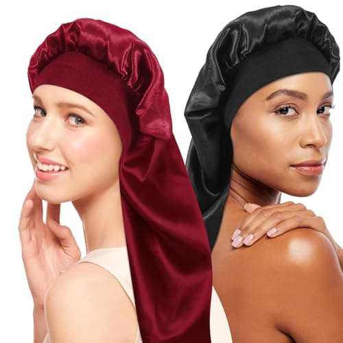 2 Pièces Bonnet Long en Satin pour Fille, Bonnet de Sommeil Chapeau Nuit en Satin à Large Band Élastique Bonnets de Nuit Doux pour Femmes Cheveux Longs Cheveux Bouclés