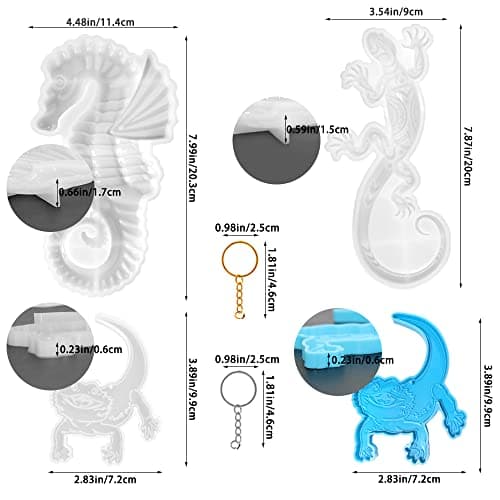 AFUNTA Lot de 4 moules en résine 3D en forme d'animal, moules en résine de silicone pour gecko, hippocampe, lézard, porte-clés en résine époxy avec 10 porte-clés, pour décoration murale, bureau