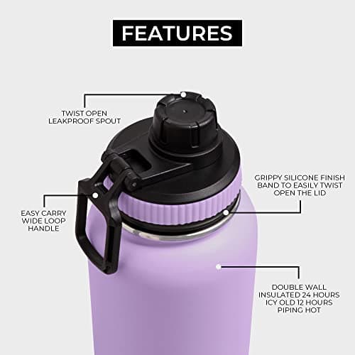 BOZ Gourde Isotherme En Acier Inoxydable 1L, Sans BPA, Isolation Sous Vide | Gourde Inox Avec Couvercle Anti Germe, Bouteille d'Eau 1 Litre pour Bureau, Sport, Voiture, Randonnée, Gym (Lavande)