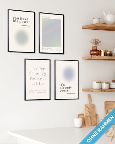 Lot de posters modernes Aura Aura - Style esthétique - Décoration de chambre prévue - Y2K - Numéro d'ange - Poster esthétique - Yoga - Beige - Vert - 4 x A4