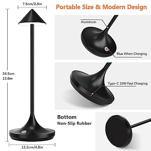 Hapfish lampe de table sans fil rechargeable LED, 6000mAh lumiere bureau élégante et simple, 3 températures de couleur, dimmable, pour chevet, restaurant, exterieur, terrasse, interieur, cuisine