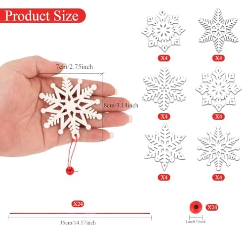 ilauke 24 Flocons de Neige en Bois Blanc,6 Designs Décoration de Sapin de Noël en Bois,Artisanat en Bois de Flocon 7x8cm,Décoration d'hiver Noël Bricolage,Bois Arbre de Noël Ornements pour Décoration