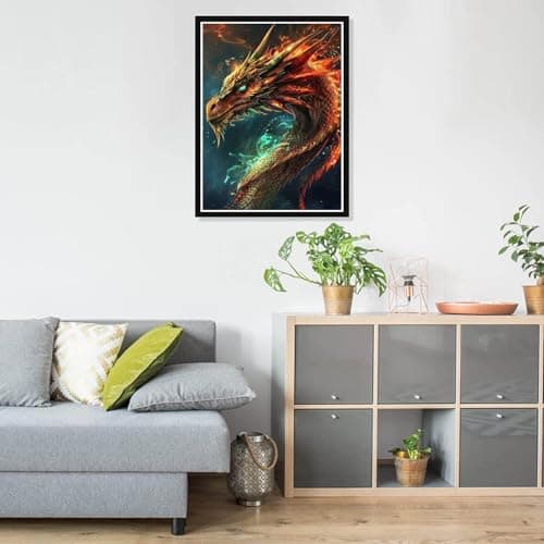 Pavemlo 5D DIY Diamond Painting Kits Dragon Aux Yeux Verts, Diamant Peinture Point De Croix Broderie Animal, Strass Complet Image Arts Pour Peinture Salon Chambre Décoration Sticker Mural 30x40 cm
