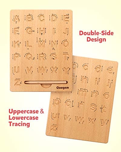 Coogam Planche de traçage de Lettre en Bois Double Face, Alphabet 123 Chiffres Cognition Montessori Apprentissage précoce STEM préscolaire Jouet Cadeau pour 3 4 5 Ans Enfants