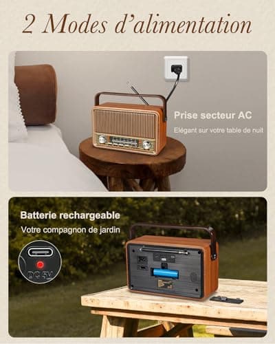 PRUNUS J-120 Poste Radio Vintage, AM/FM/SW Radio Portable avec Batterie Rechargeable 1800mAh, ou Alimentation Secteur, Radio Bluetooth, Radio Vintage Retro Prend en Charge la Fonction USB/TF/AUX