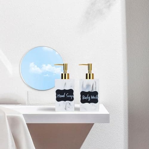 Dispenseurs de Luxe Fini Marbre - 500ml, Lot de 2 avec Pompes Dorées & Étiquettes Étanches - Idéal pour Comptoir, Douche, Rangement de Shampoing, Savon, Lotion - Blanc