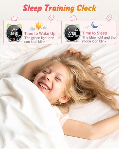 LEMNOI Réveil Educatif Jour Nuit Reveil Enfant Chatte 5 Couleurs Lumineux LED Lampe de Chevet avec Musique,Double Alarme,Température,Fonction Snooze
