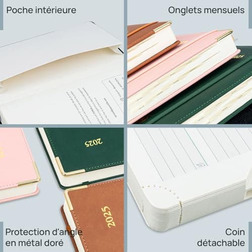 POPRUN Agenda 2025 Journalier 21,5 x 14,5 cm - Couvercle en cuir de coton PU, 1 Page par Jour A5 Agenda, D'Jan 2025 à Déc 2025-12 Mois, Onglets Mensuels, Papier 80 g/m2, Bordeaux-CRT