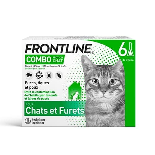 FRONTLINE Combo Chat - Anti Puces, Tiques & Poux broyeurs - Contre Larves & Œufs de puces - Elimine & Tue - Protège L'Animal & L'Habitat1 - Fabriqué En France - 6 Pipettes
