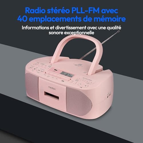 MEDION E65010 Radio stéréo (Lecteur CD, Cassette, Port USB, entrée Audio AUX, Lecture MP3. Radio FM PLL,40 mémoires de Stations, Fonctionnement sur Piles, télécommande) Rose