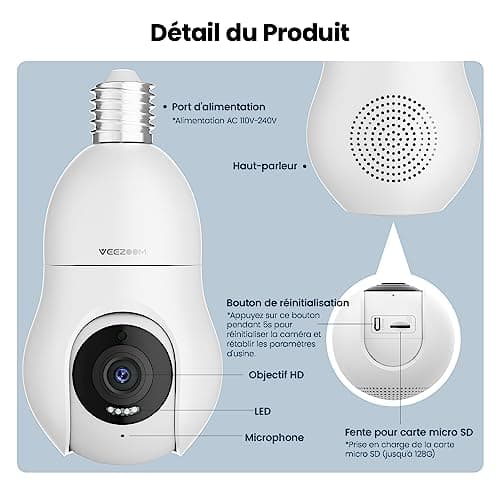 VEEZOOM 2K Ampoule Camera Surveillance WiFi, IP Caméra Ampoule Intérieur sans Fil de Lampe E27 avec Suivi Automatique, 30m Vision Nocturne Coloré, Discussions en Temps Réel, WS-D1