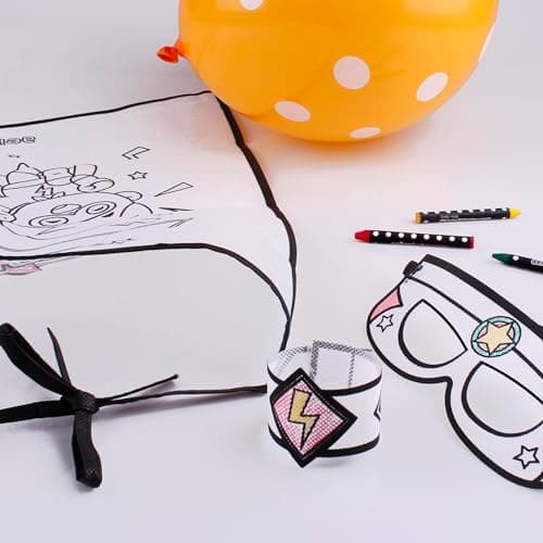 PACK SUPER-HÉROS À COLORIER Ensemble de 10 Sacs Individuels avec Cape, Masque, Bracelet, 5 Crayons et Ballon | Kit de Coloriage Non-Tissé pour Enfants | Cadeau d'Anniversaire et Fêtes Infantiles