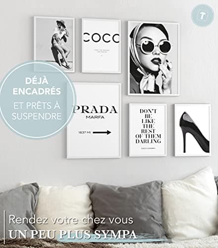 Papierschmiede® Set Mood Posters, Tableau Décoration Murale « Coco Noir et Blanc » cadres en bois laqué blanc, Bureau, Salon, Deco Chambre Parentale, Cuisine, 2x A4 et 4x A5, Glamour Lifestyle Mode