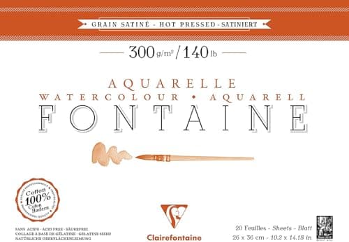 Clairefontaine 96345C Bloc Encollé 4 Côtés Fontaine - 20 Feuilles Papier Aquarelle Blanc 100% Coton Grain Satiné Qualité Professionnelle 26x36 cm 300g