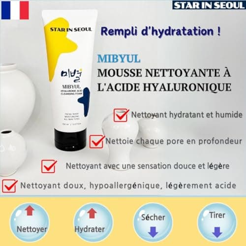 [STAR IN SEOUL] MIBYUL MOUSSE NETTOYANTE À L'ACIDE HYALURONIQUE, 150ml, Nettoyant hydratant, recommandé pour les peaux sèches/sensibles, Nettoyant coréen pour soins de la peau végan.