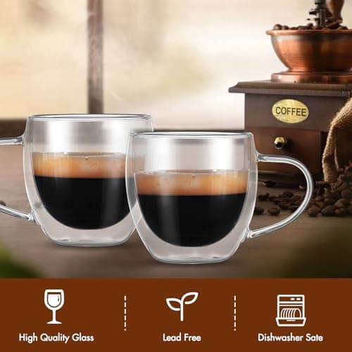 ALLOMN Lot de 2 tasses à café à double paroi, 250 ml, cappuccino, latte, macchiato avec poignée, résistantes à la chaleur, pour café, thé, lait, jus, crème glacée