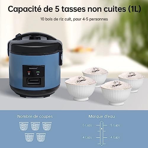 Eamoment DRC-5020BL 1 l | Cuiseur à riz et cuiseur vapeur 400 W (1 l à 5 tasses) pour 1 à 5 personnes Cuisson rapide sans brûler Revêtement antiadhésif amovible, cuillère à riz et gobelet doseur, bleu