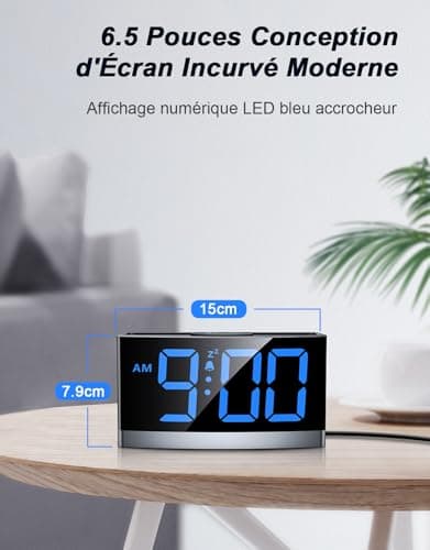 Rolgno Reveil Matin Numérique, Horloge Digitale avec Chiffres LED Bleus, Réveil Enfant & Ado Alarm Clock avec 5 Luminosité & Volume, 3 Tonalités reveille, Snooze, 12/24H, Alimenté USB(SANS Adaptateur)