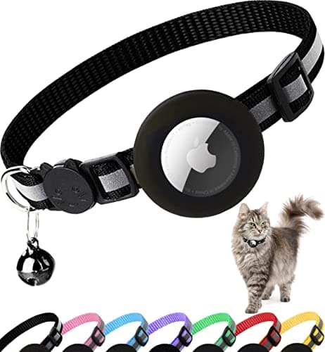 Collier Chat Airtag, Collier pour Chat Anti-étranglement avec Protecteur Airtag et Cloche, pour Toutes Les Tailles de Chats, Large de 1 Centimètres et Léger (Noir)