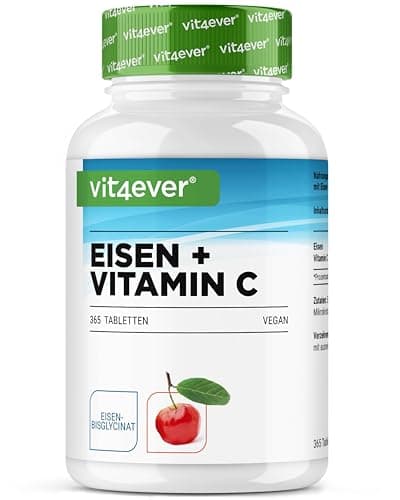 Fer - 365 comprimés avec 40 mg de fer pur + vitamine C naturelle - Matière première de qualité supérieure : bisglycinate de fer (chélate de fer) - Hautement dosé - Végétalien