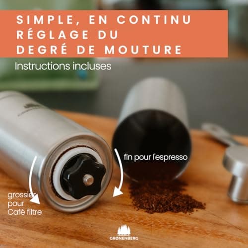Groenenberg Cafetiere a piston (600ml) + Moulin à café manuel | Set de remise café avec French Press & Coffee grinder en acier (inox)
