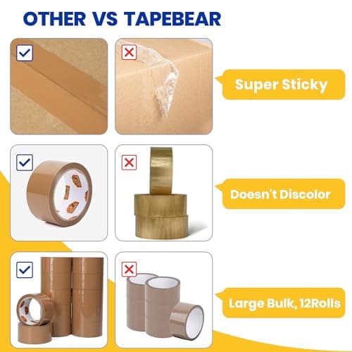 TAPEBEAR Ruban Adhésif d'Emballage Marron 48mm x 50m, Ruban Adhesif Emballage 2.6mil épaisseur, Fermeture Sûre, Haute Résistance Pour l'Emballage De Colis, Boîtes, Cartons, 12 Rouleaux