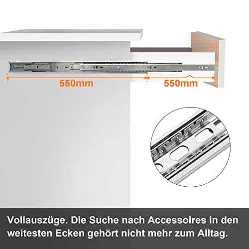 Fiqops Lot de 2 glissières de tiroir, 550 mm, extension complète, capacité de charge de 45 kg, système de rail de tiroirs stable, avec roulement à billes, fermeture en douceur, montage facile (1