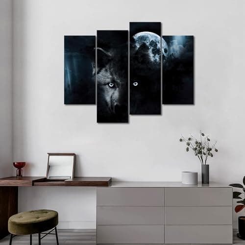 4 Panneau Noir Loup Et Plein Lune Peinture Murale d'art l'image imprimée sur Toile Animal Photos d'œuvres d'art pour Le Bureau à Domicile Décoration Moderne