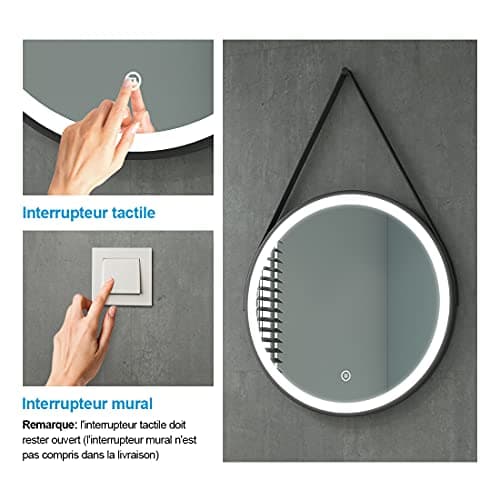 Heilmetz Miroir Rond Salle de Bain 70cm, Miroir Rond LED Noir avec Interrupteur Tactile et Bandoulière réglable, IP44,Miroir Rond Mural,avec Blanc Froid 6500K