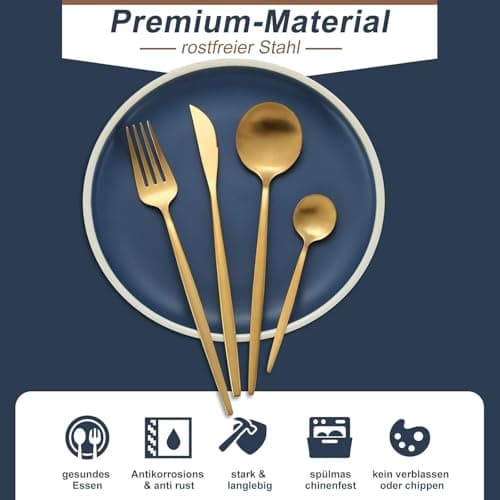 Bestdin set couverts de table 6 personnes dorés, ensemble de couverts inox 24 pièces, Comprend des couteaux/fourchettes/cuillères, fini mat et lavable au lave-vaisselle, facile à nettoyer