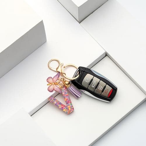 CHUQING Porte-clés pour fille - Pendentif en forme de papillon - Avec initiales - Cadeau pour femme, Lilas D, S