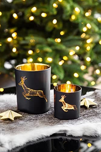 EDZARD Lot de 2 photophores Sammy, Motif cerf, pour Bougies Chauffe-Plat, Hauteur 8 cm, extérieur Noir, intérieur doré