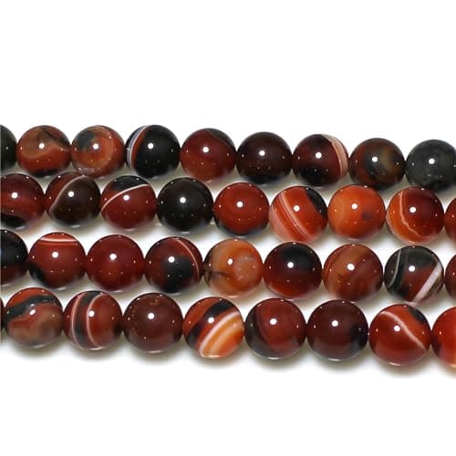 MJDCB 10mm 35 pièces Agate Rayée Rouge Brune Perle Pierre Naturelle Ronde en Vrac Perles Semi Precieuse pour Fabrication de Bijoux de Bracelets et de Colliers