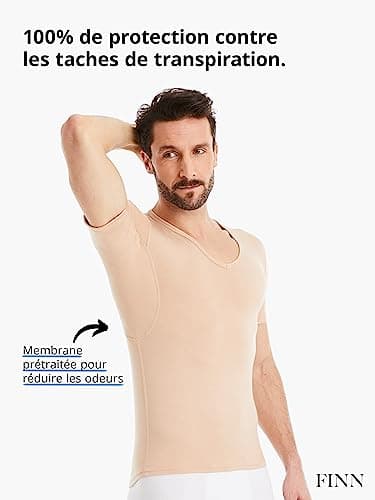 FINN T-shirt anti-transpiration pour hommes avec col en V et patchs intégrés aux aisselles pour la forte transpiration - maillot de corps contre les odeurs et les taches de sueur couleur peau nude XXL