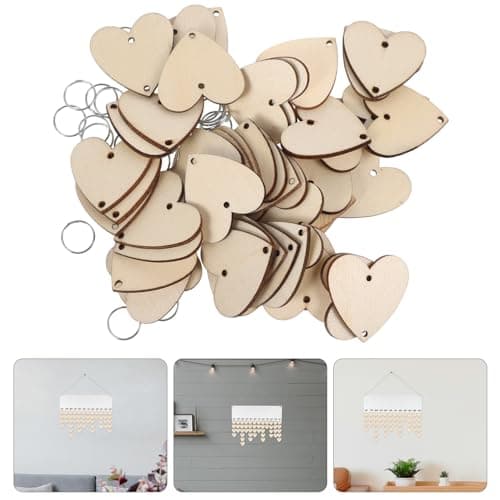VORCOOL 50pcs Coeur en Bois Tranche de Bois avec Trous et 50pcs Anneaux Boucles de Fer