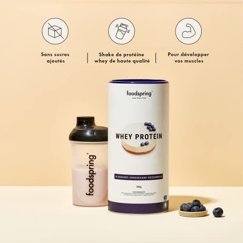 foodspring - Poudre de protéines whey Blueberry Cheesecake - Avec 23 g de protéines de croissance musculaire, solubilité parfaite, ultra-filtrée et riche en BCAA et EAA - goût délicieux (750 g)
