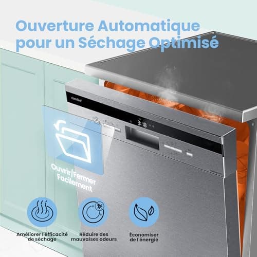 COMFEE' FD1435E-X Lave-vaisselle pose libre pour 14 couverts, grand format, 44 dB, grand écran LED, départ différé, fonctionnalité demi-charge, supports flexibles, acier inoxydable
