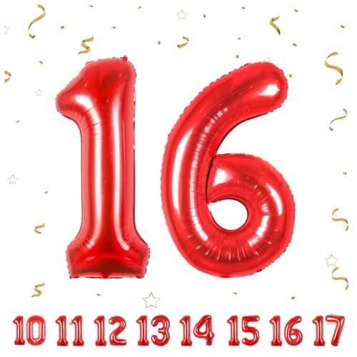 Ballons Anniversaire 16 Rouge - 100cm - Ballon Chiffre 16 Numéro 16 - Happy Birthday Decoration Ballons Fête d'anniversaire Ans Vole Grâce à l'Hèlium 16