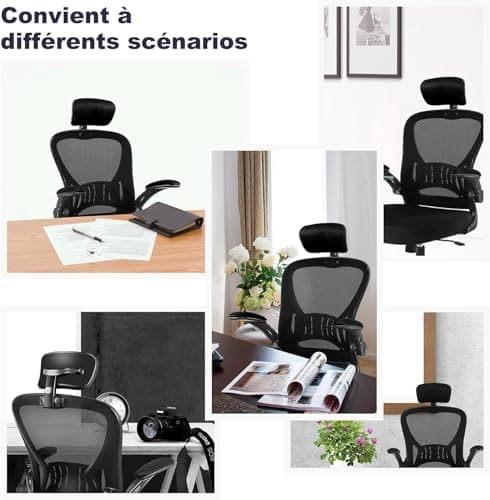 Flysky Chaise de Bureau Ergonomique, Chaise d'ordinateur réglable en Hauteur avec Support Lombaire et Appui-tête, pivotante, Tissu maillé, Noir