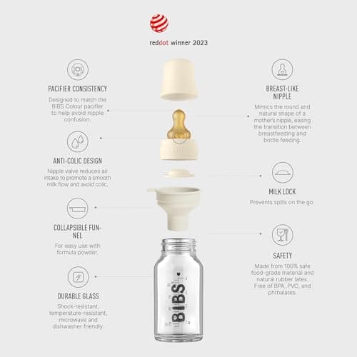 BIBS Baby Glass Bottle. Anti-colique. Embout rond en latex de caoutchouc naturel. Favorise l’allaitement naturel (Transparent, Complete Set - 110 ml)