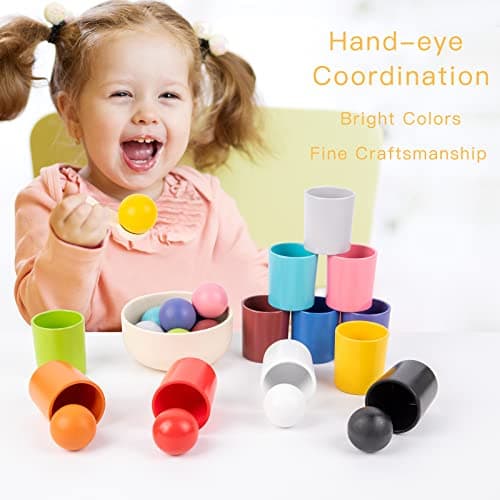 Auvewilo Jouet de Tri de Couleurs avec Boules et Gobelets en Bois, Ensemble de Jeu d'Association Montessori pour Enfants