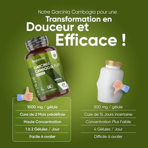 Garcinia Cambogia Extrait 60% HCA - 60 Gélules Vegan - Garcinia Cambogia Extra Fort Riche en Acide Hydroxycitrique - Source Vitamine C et Chrome - 1000mg/ Jour (2 Mois) Idéal Pour Diet Detox, Keto