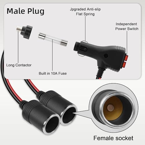 GELRHONR Répartiteur allume-cigare de voiture DC 12 V, prise allume-cigare 2 voies avec double interrupteur indépendant, câble d'extension double adaptateur allume-cigare avec fusible 10 A - 30 cm
