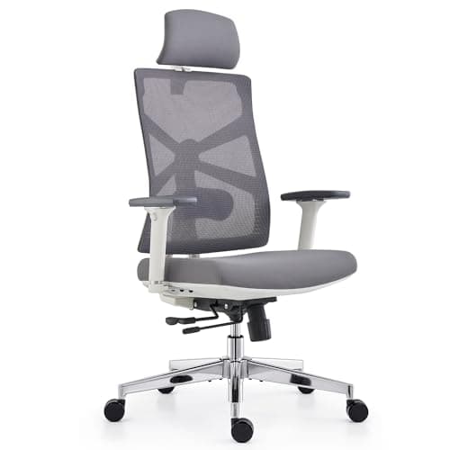 HOLLUDLE Chaise de Bureau Ergonomique avec Dossier Adaptable, Fauteuil D'ordinateur avec Accoudoirs 4D, Profondeur D'assise Réglable, Soutien Lombaire et Appui-tête 2D, Siège de Travail, Blanc